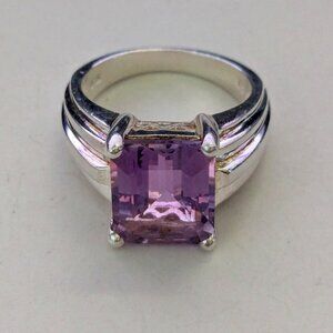 STERLING SILVER 925 Large Emerald Cut Amethyst Statement Ring Size 7